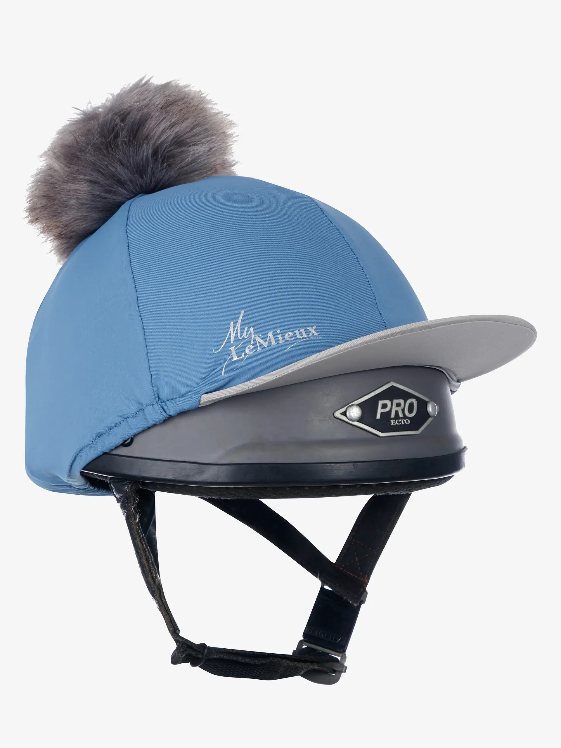 LEMIEUX Pom Hat Silk Ice Blue: Riding Helmet Cover with Faux Fur Pom Pom