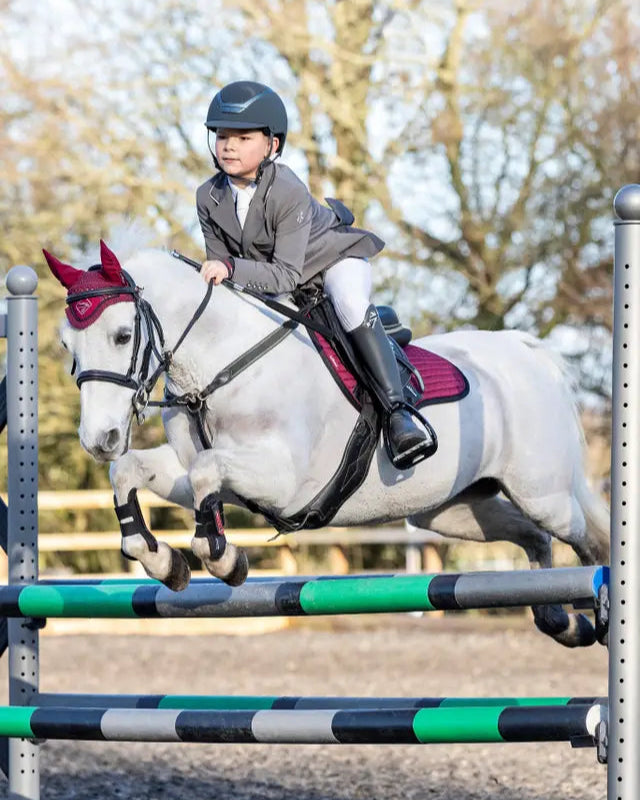 Pony Jumper with Child Rider & Lemieux Fly Hood Burgundy - Equestrian Sport