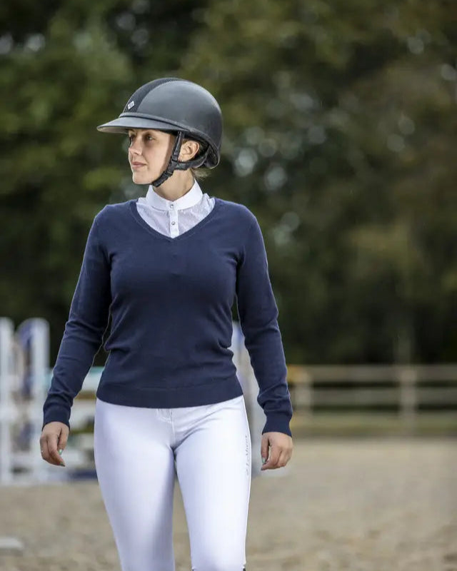 LEMIEUX Ladies Elite V-Neck Jumper Navy: Equestrian Fashion & Style. Super Soft Cashmere Blend Knitwear for Women