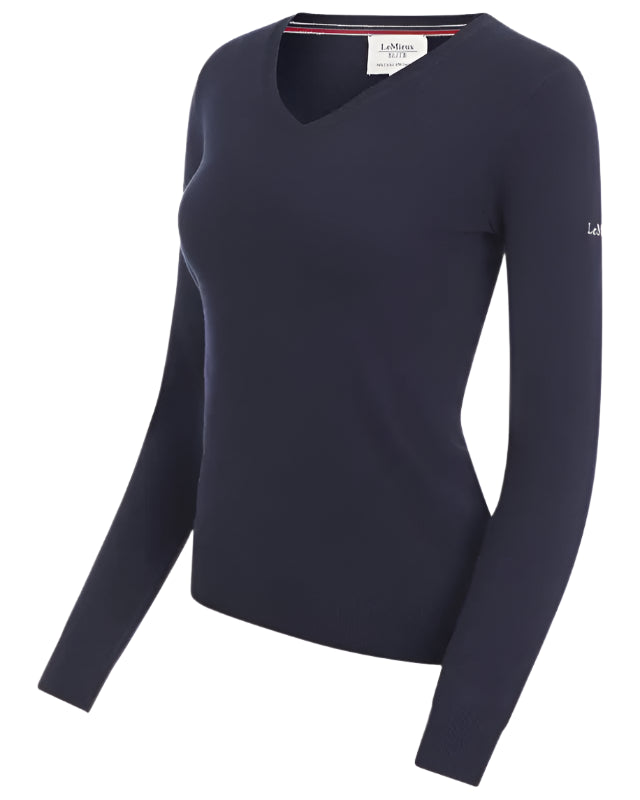 LeMieux Ladies Elite V-Neck Jumper Navy: Cashmere Blend, Long Sleeve, Ribbed Hem & Cuff