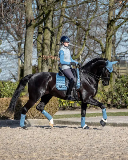 Equestrian elegance: Rider on black horse in LeMieux Loire Ice Blue set (polo bandages, saddle pad, fly hood) for dressage & showjumping.