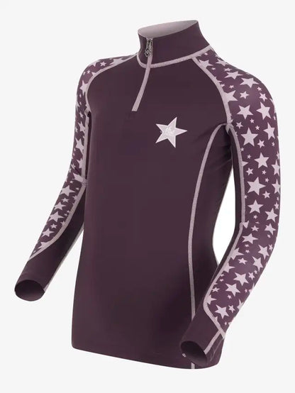 LEMIEUX MINI BASE LAYER FIG: Kids purple long sleeve equestrian riding top with star sleeves. Equiflair brand.