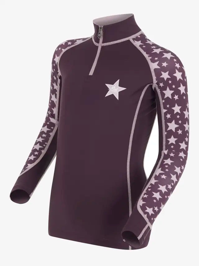 LEMIEUX MINI BASE LAYER FIG: Kids purple long sleeve equestrian riding top with star sleeves. Equiflair brand.