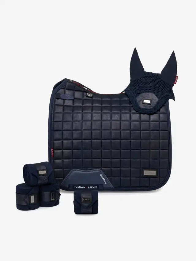LeMieux Rhone Vintage Navy Equestrian Set: Saddle Pad, Polo Bandages, Fly Veil. Premium Horse Riding Gear by Equiflair.