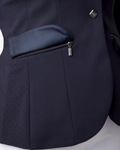 LEMIEUX DYNAMIQUE SHOW JACKET NAVY. Equestrian competition riding jacket, navy color, zipper pocket, LeMieux branding.