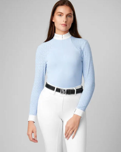 LeMieux Olivia Mist Show Shirt: Long Sleeve, Laser-Cut, White Collar. Equestrian Apparel.