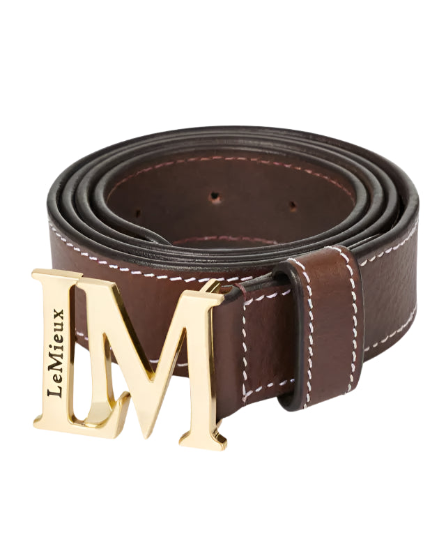 LeMieux Monogram Belt Brown Leather with Gold LM Buckle | Equiflair Equestrian Riding Fashion Accessory