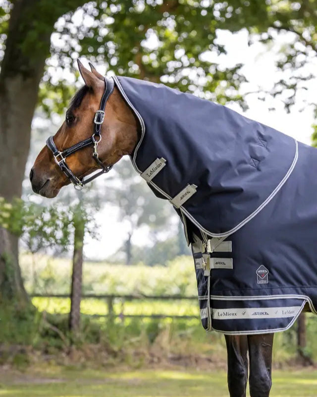 Lemieux Arika Storm-Tek 50g Navy Horse Rug: Waterproof Turnout with Detachable Neck Cover.