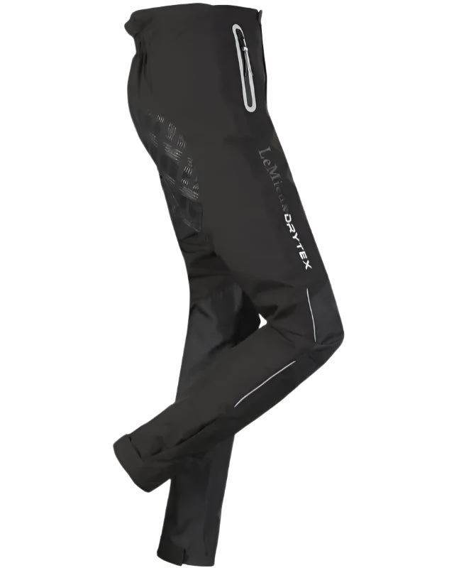 LEMIEUX DRYTEX STORMWEAR WATERPROOF TROUSERS - Equiflair Saddlery. Black waterproof riding pants with reflective details & silicone seat.
