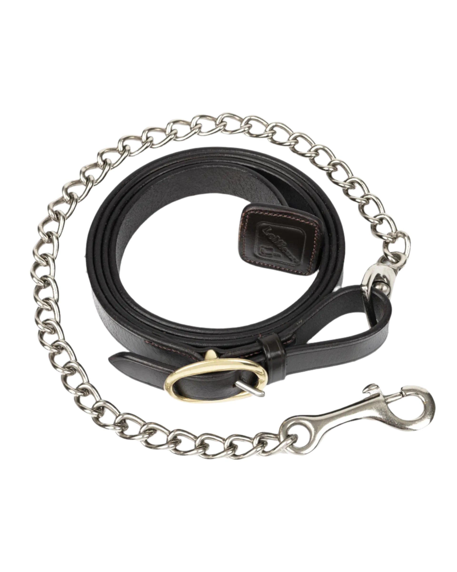 LeMieux Leather Trot Up Chain - Brown equestrian leather lead with silver chain, detachable, buckle - Equiflair