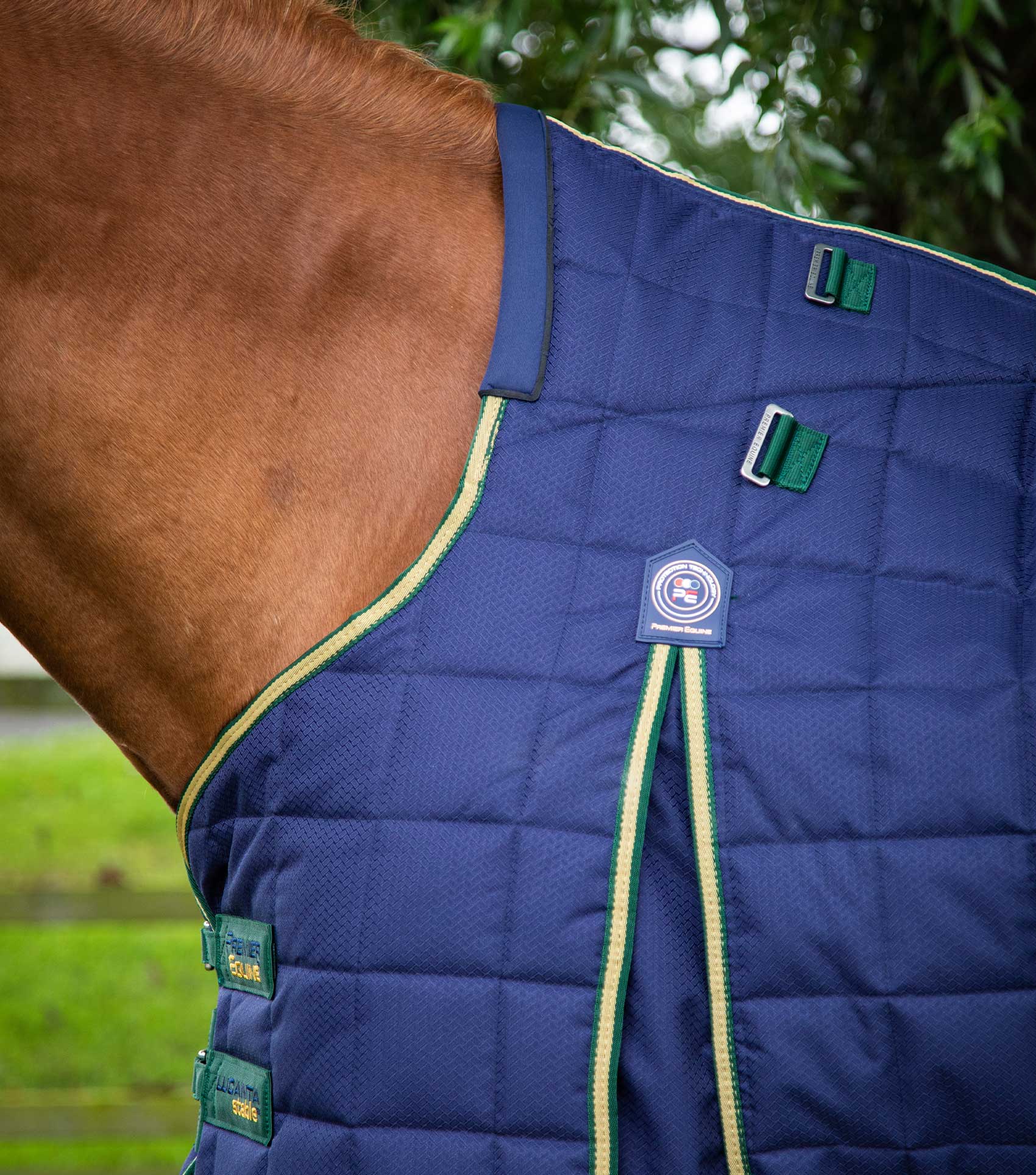 Premier Equine Lucanta 450g Stable Rug with Neck Cover Navy. Quilted horse blanket with neck cover.
