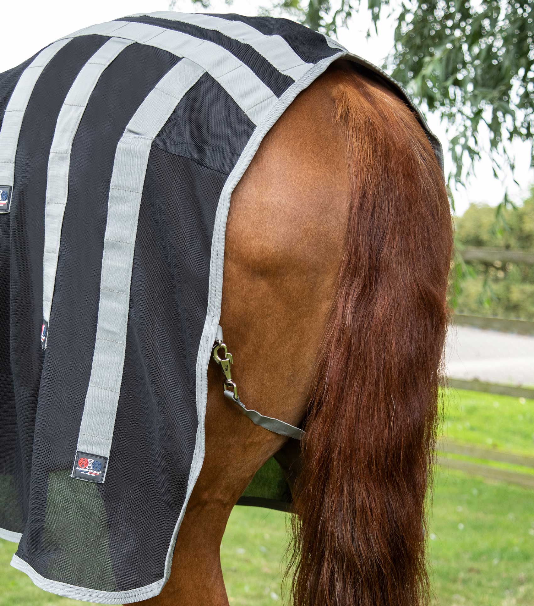 Premier Equine Magni-Teque Magnetic Horse Rug with Neck Cover - Black rear view. Equiflair