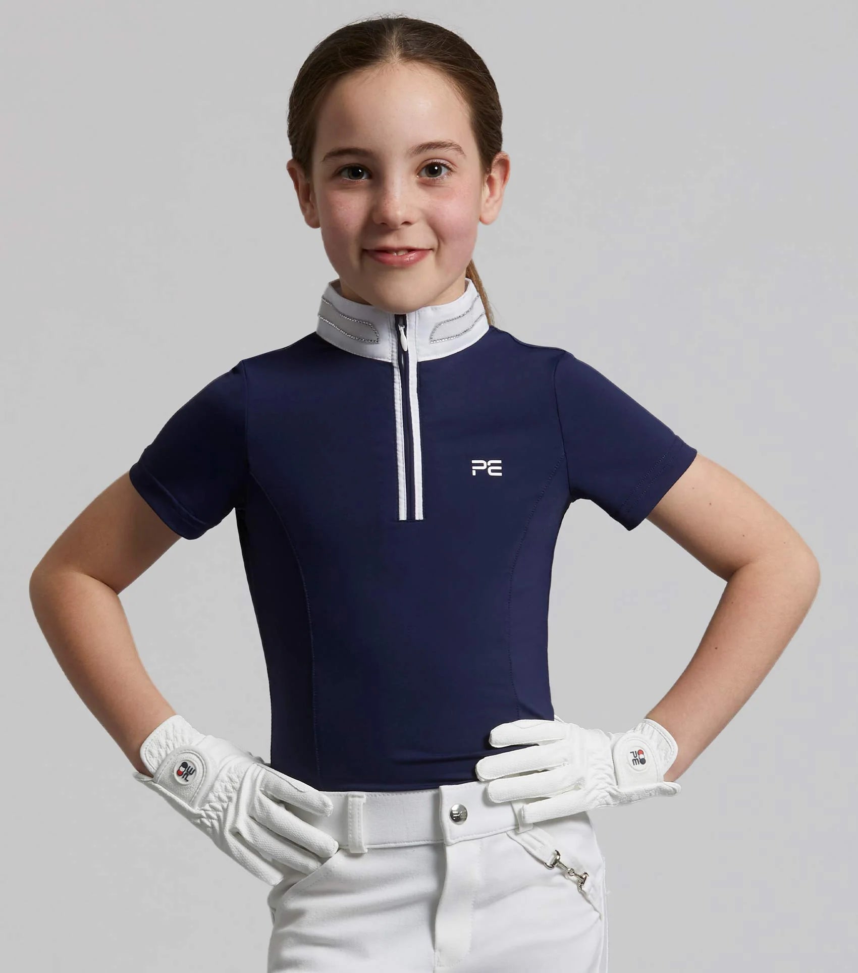 Premier Equine Maria Girls Riding Shirt - Navy Blue Diamanté Show Shirt for Equestrian Competition