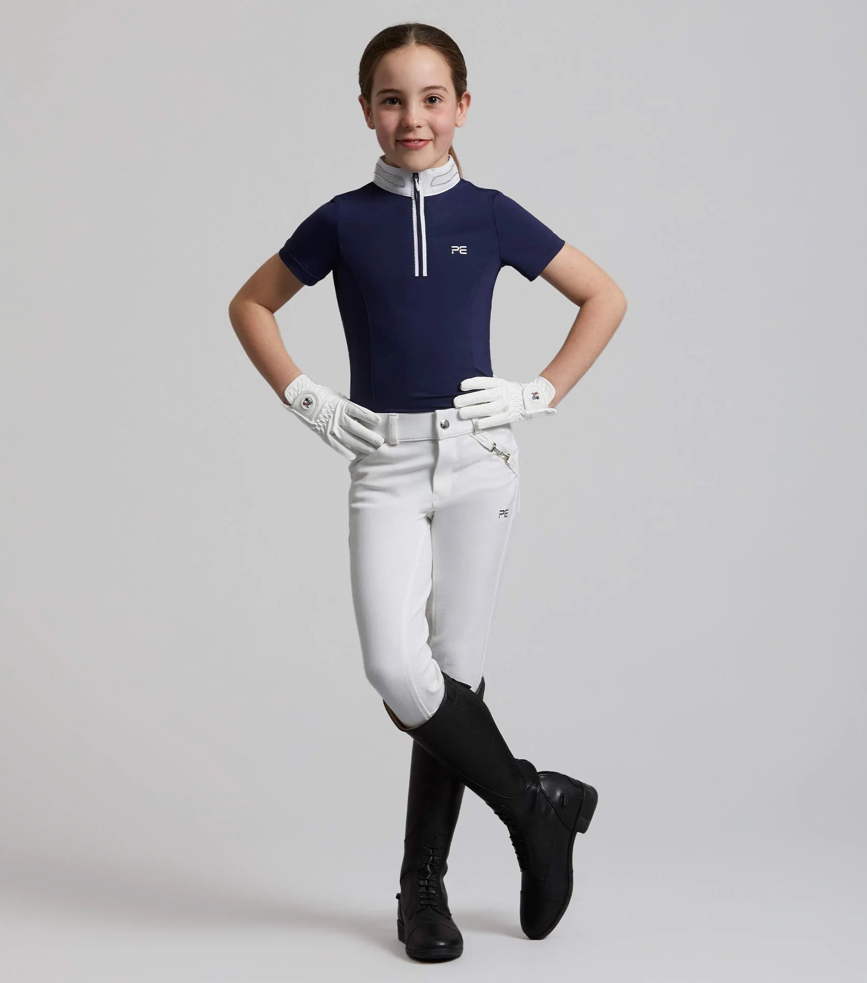 Girls Equestrian Show Outfit: Navy Shirt & White Breeches | Horse Riding Competition Clothes
