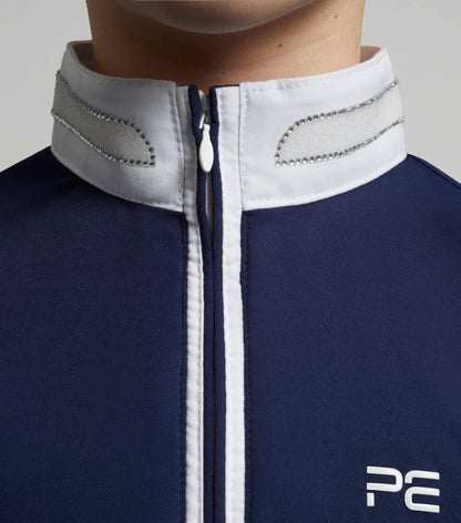 Premier Equine Maria Girls Diamanté Navy Show Shirt: Close-up of collar and zipper. Buy Now at Equiflair!
