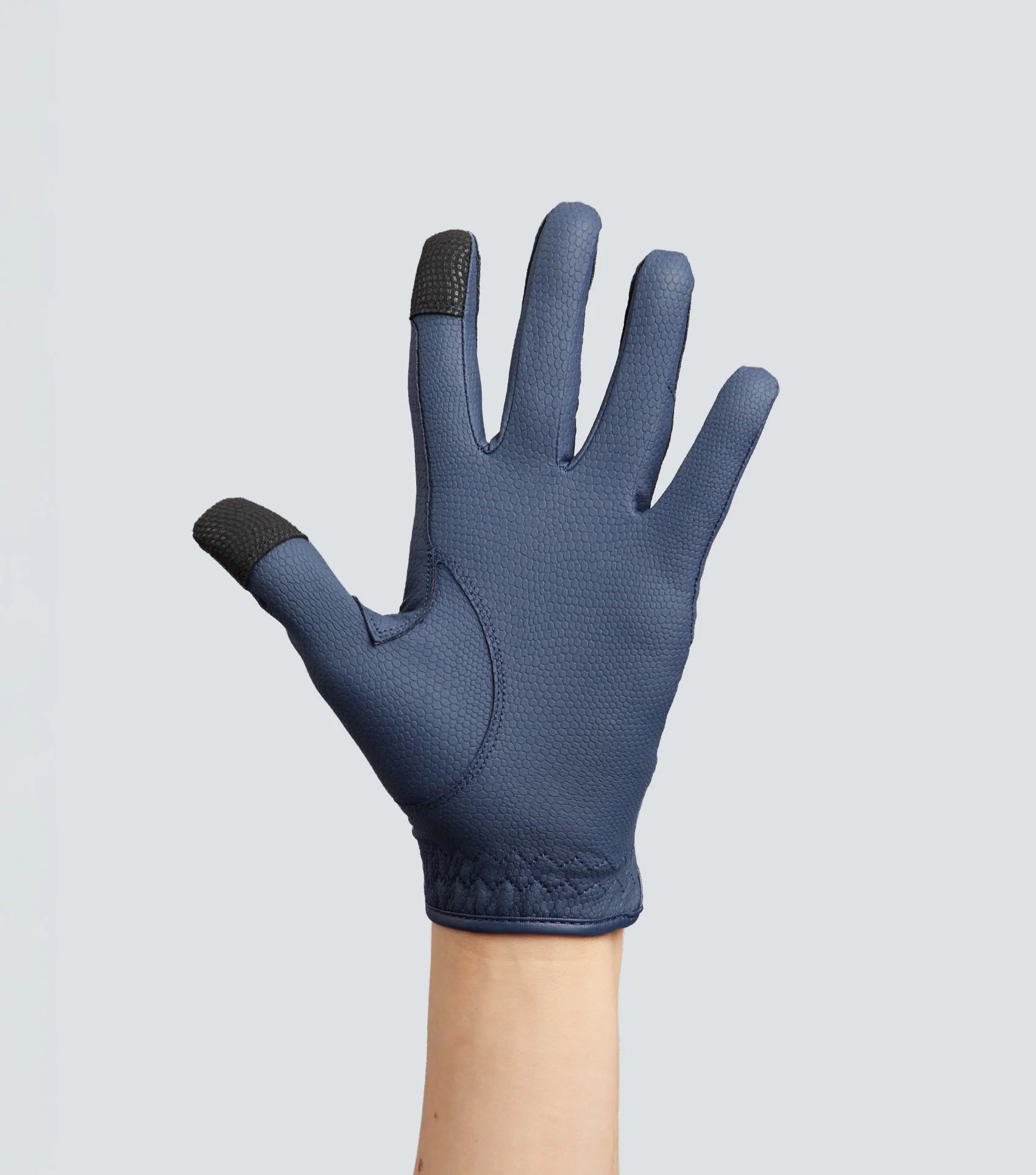 Premier Equine Metaro Junior Navy Riding Gloves: Touchscreen Compatible, Reptilian Texture for Grip.