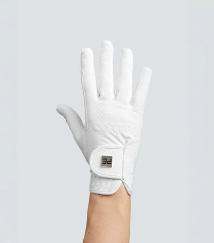 Premier Equine Metaro Junior White Riding Glove. Reptilian texture, touchscreen compatible equestrian glove for young riders.