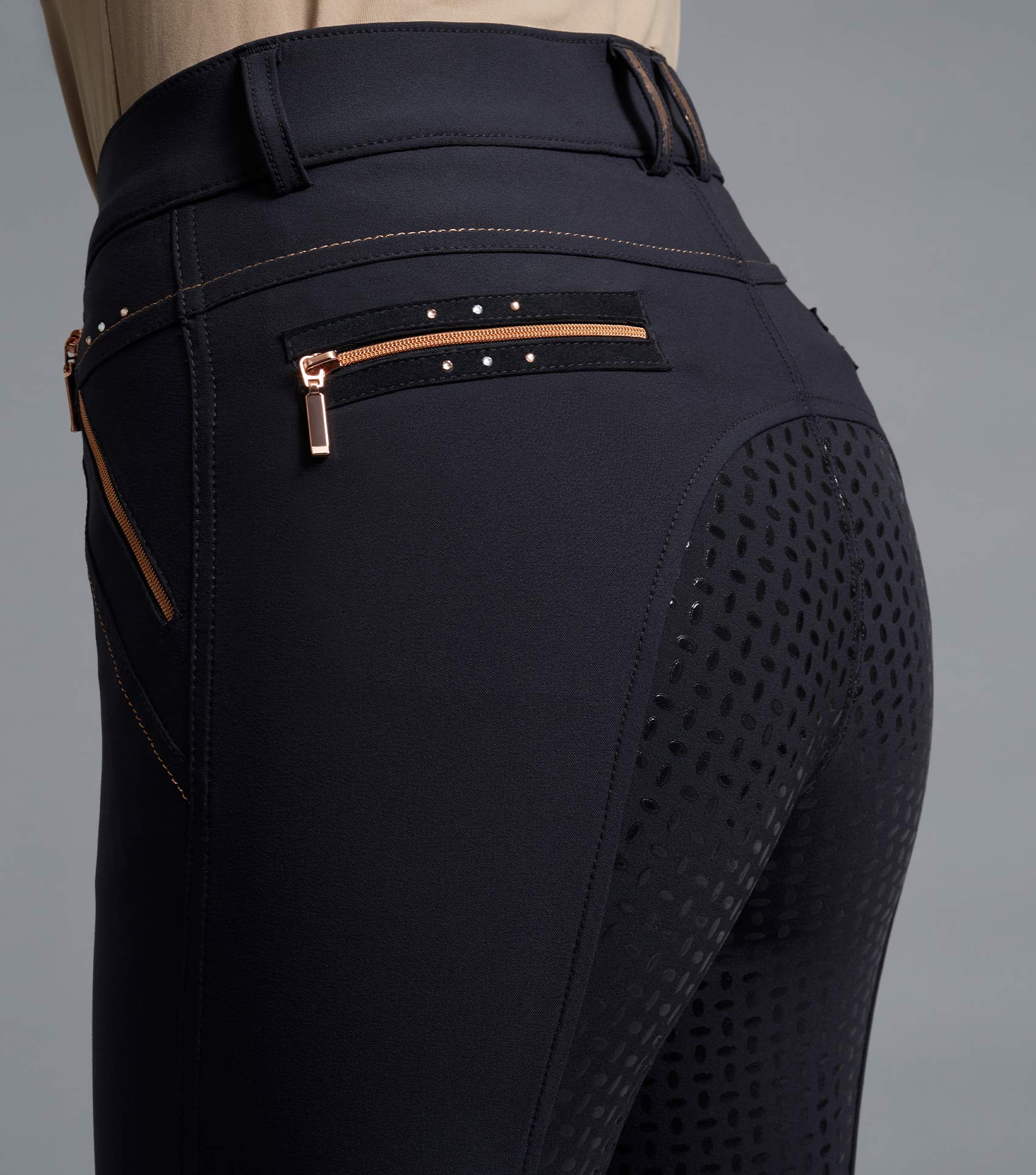 Premier Equine Milliania Black Riding Breeches: Full Seat Gel, Rose Gold Zips, Ladies Equestrian Apparel