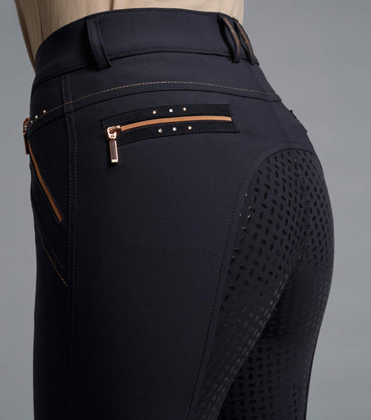 Premier Equine Milliania Black Riding Breeches: Full Seat Gel, Rose Gold Zips, Ladies Equestrian Apparel