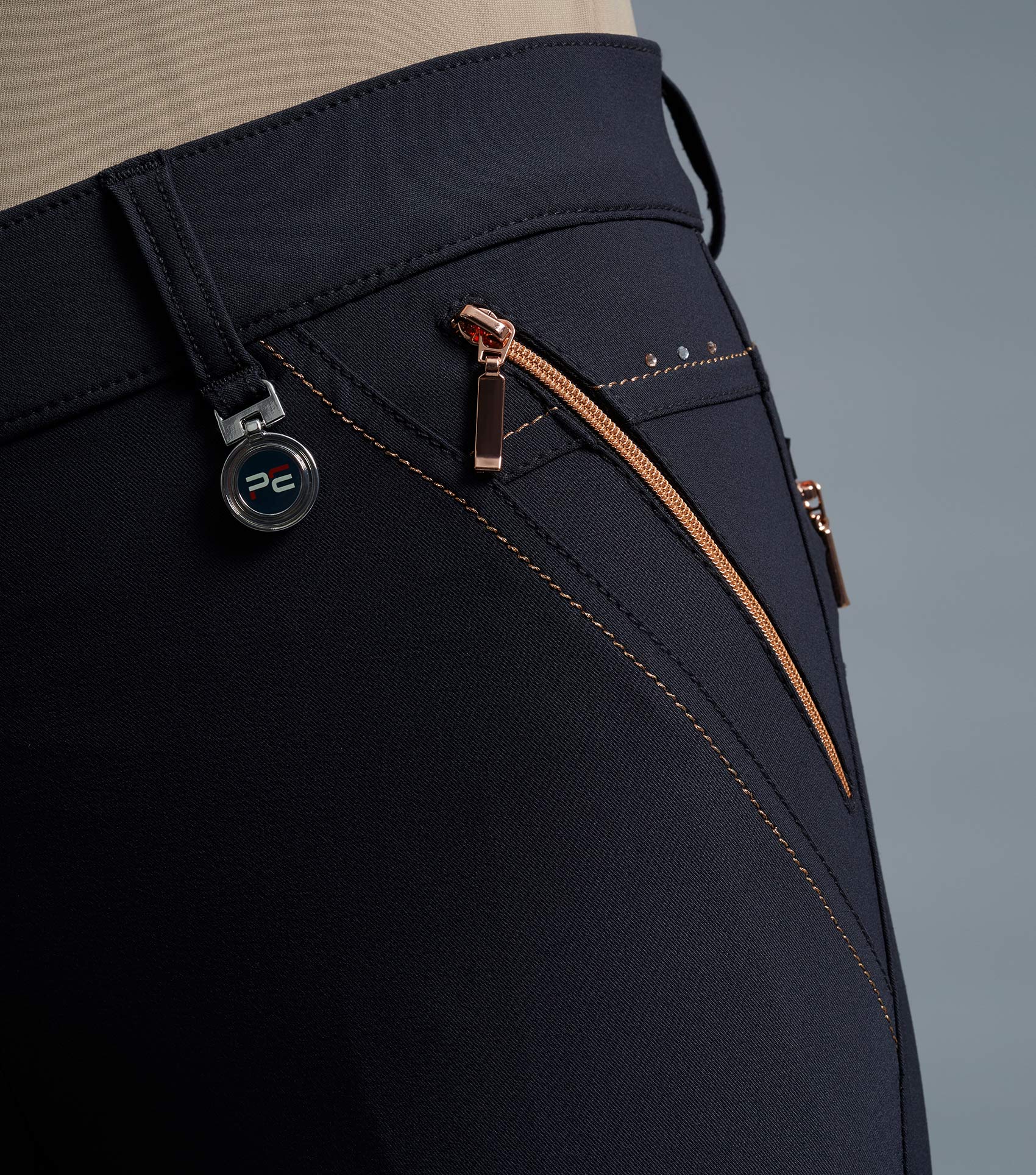 PREMIER EQUINE Ladies Black Riding Breeches with Rose Gold Zippers & Full Seat Gel - Equiflair
