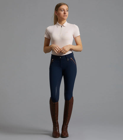 Woman in PREMIER EQUINE Coco II Navy Riding Breeches, Gel Full Seat, Equestrian Apparel, Horse Riding Clothes, Stylish Sportswear