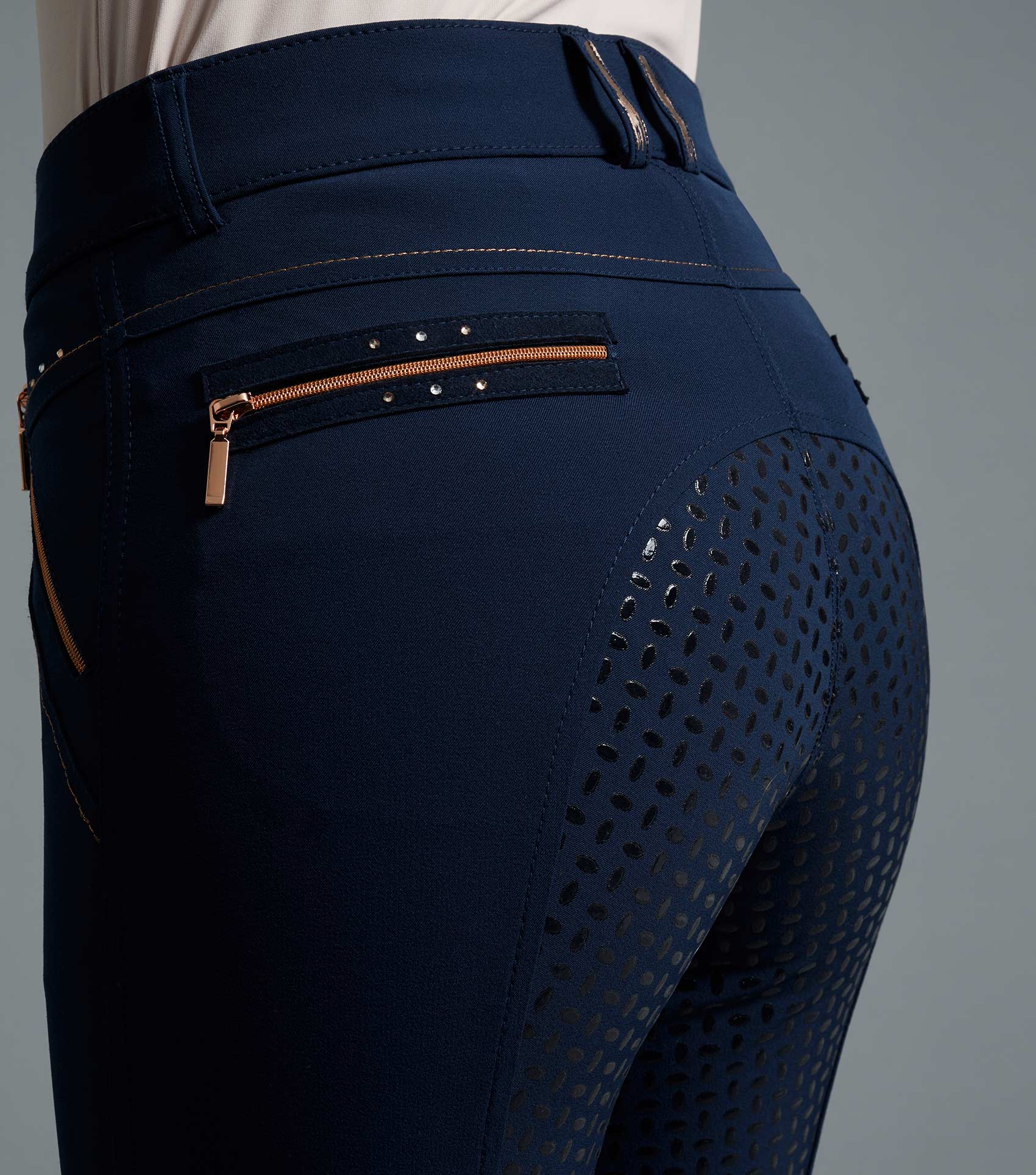 PREMIER EQUINE MILLIANIA Ladies Riding Breeches Navy with Full Seat Gel, Rose Gold Zippers, and Diamanté Detailing.