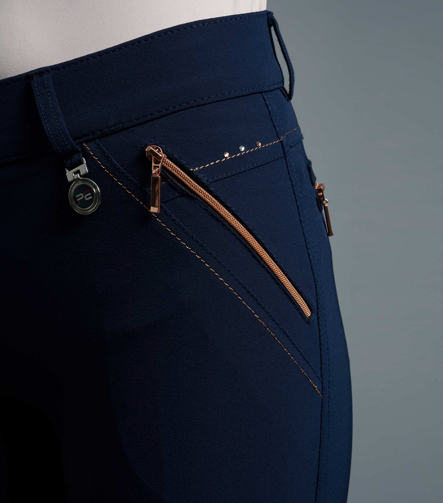 Premier Equine Milliania Navy Riding Breeches with Gel Seat & Rose Gold Accents