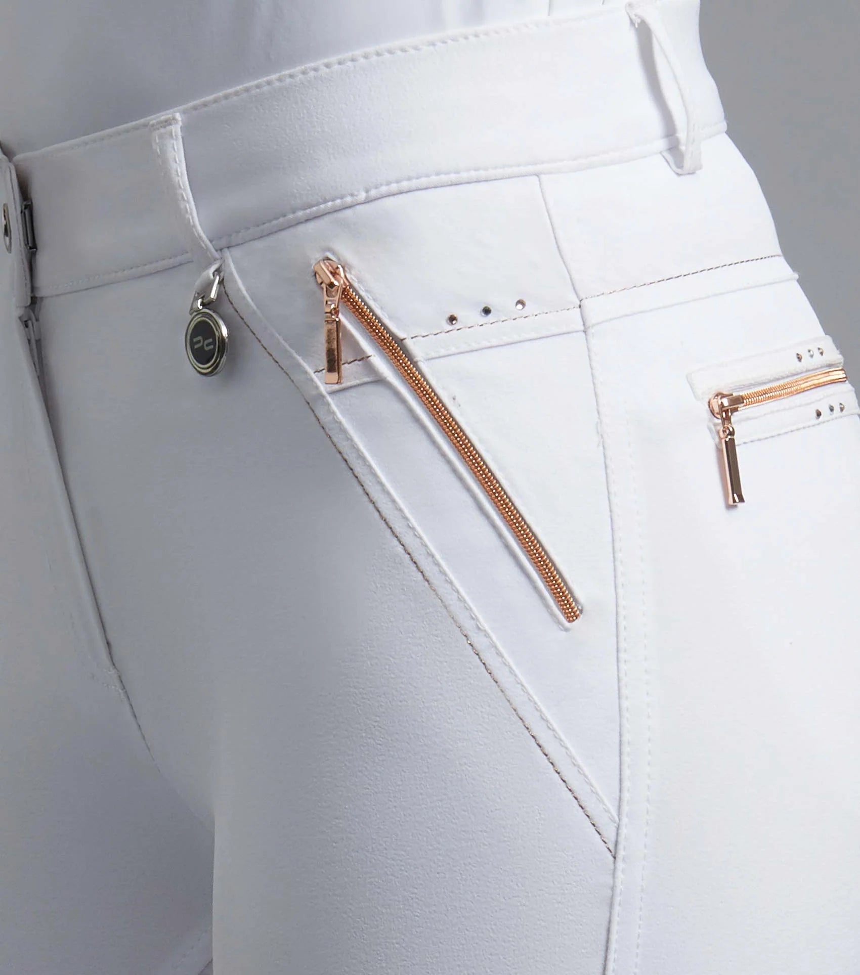 PREMIER EQUINE White Equestrian Breeches with Rose Gold Zips - Ladies Riding Pants