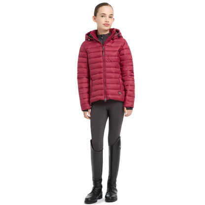 LeMieux Jacket Young Rider Milly Puffer Jacket Ember Red, girl in equestrian apparel.