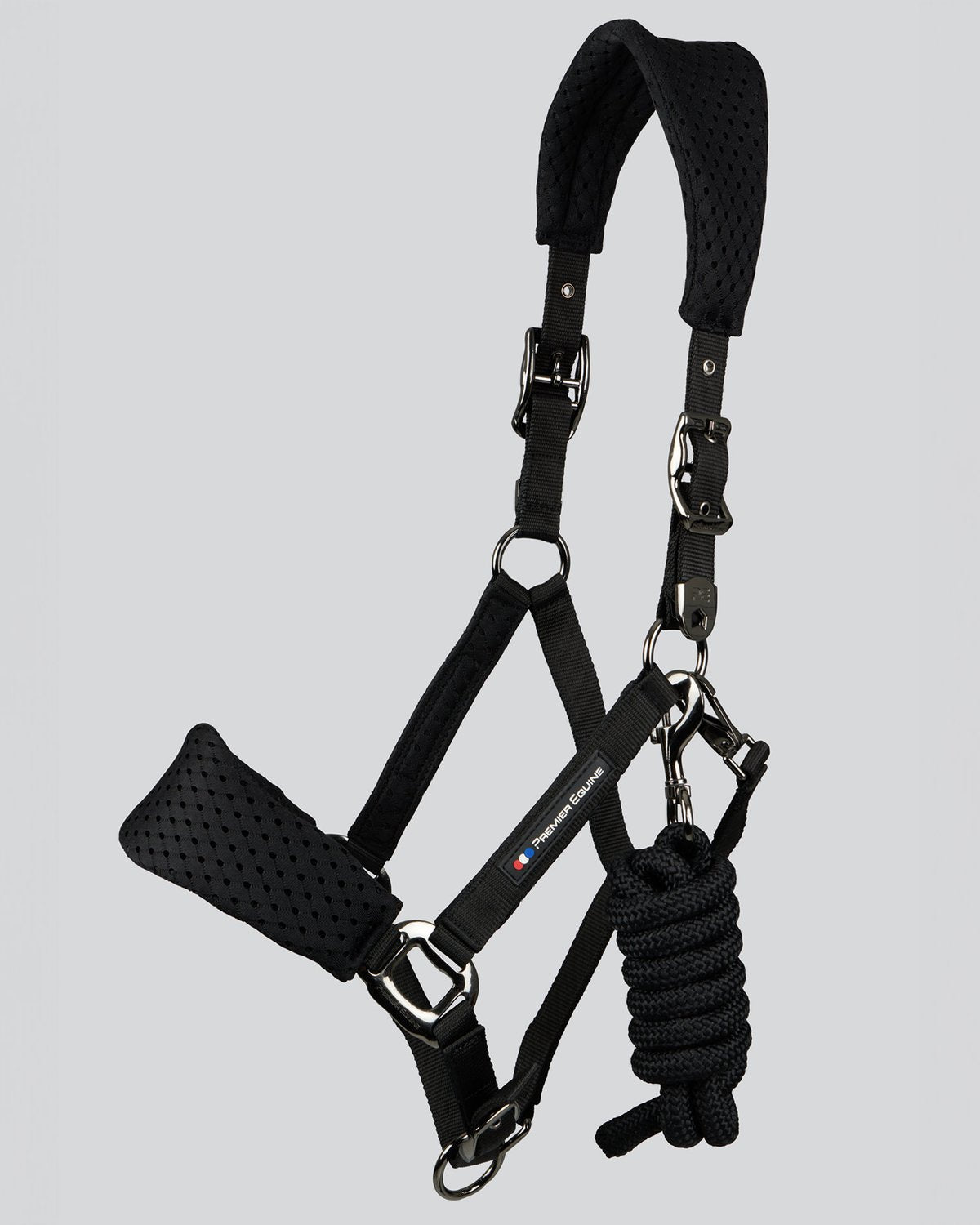 Premier Equine Black 3D Mesh Horse Headcollar with Lead Rope - Comfortable & Adjustable