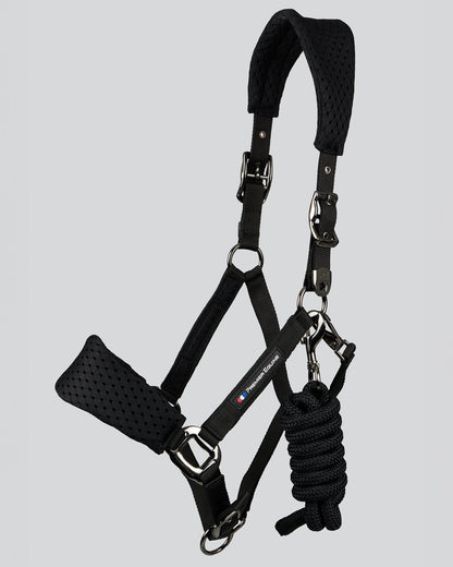 Premier Equine Black 3D Mesh Horse Headcollar with Lead Rope - Comfortable & Adjustable