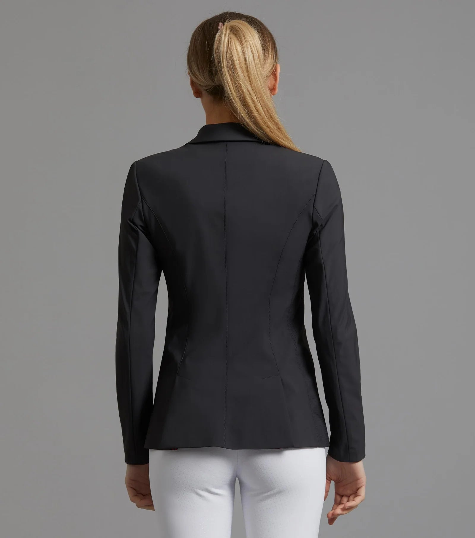 Premier Equine Women's Competition Jacket, Black Fitted Equestrian Show Jacket, Rear View