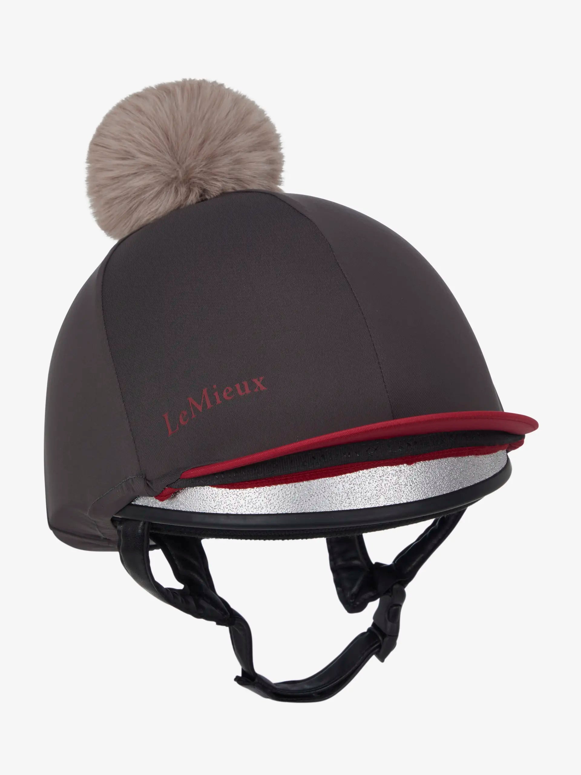 LeMieux Pom Hat Silk Cinder Equestrian Helmet Cover with Pom Pom - Equiflair | Riding Helmet Accessories
