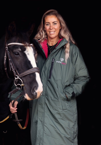 Equestrian Riding Coat: Equidry Waterproof Women's Black Forest Green Coat with Horse by Equiflair