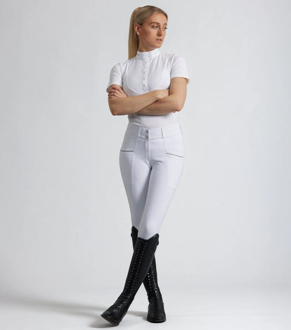 Premier Equine Ofena White Competition Riding Breeches for Women with Gel Knee Patches & Stylish Phone Pockets.