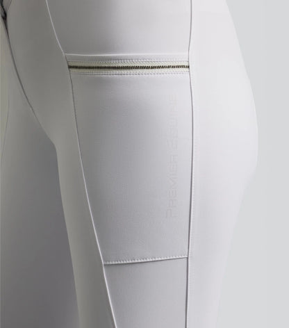 Premier Equine Ofena White Riding Breeches: Gel Knee, Competition, Phone Pockets. Equestrian Apparel by Equiflair