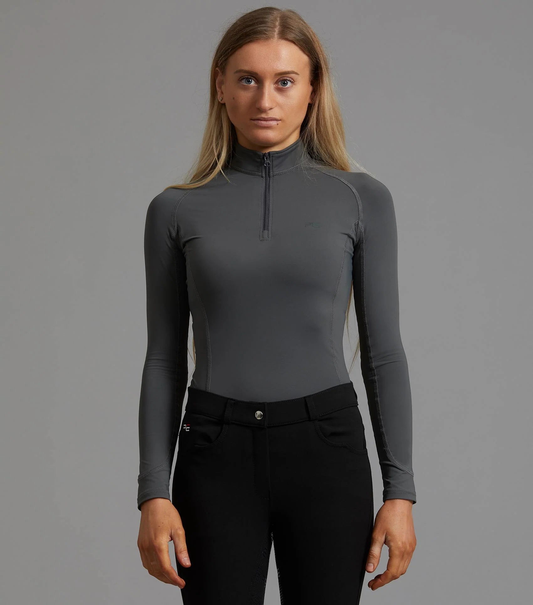 Premier Equine Ombretta Technical Riding Top - Anthracite Grey. Ladies' quarter zip performance top, activewear, equestrian apparel.