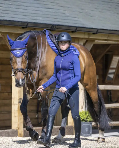 Equestrian Horse & Rider Wearing LEMIEUX Loire Classic Saddle Pad Ink Blue. Equiflair Brand.