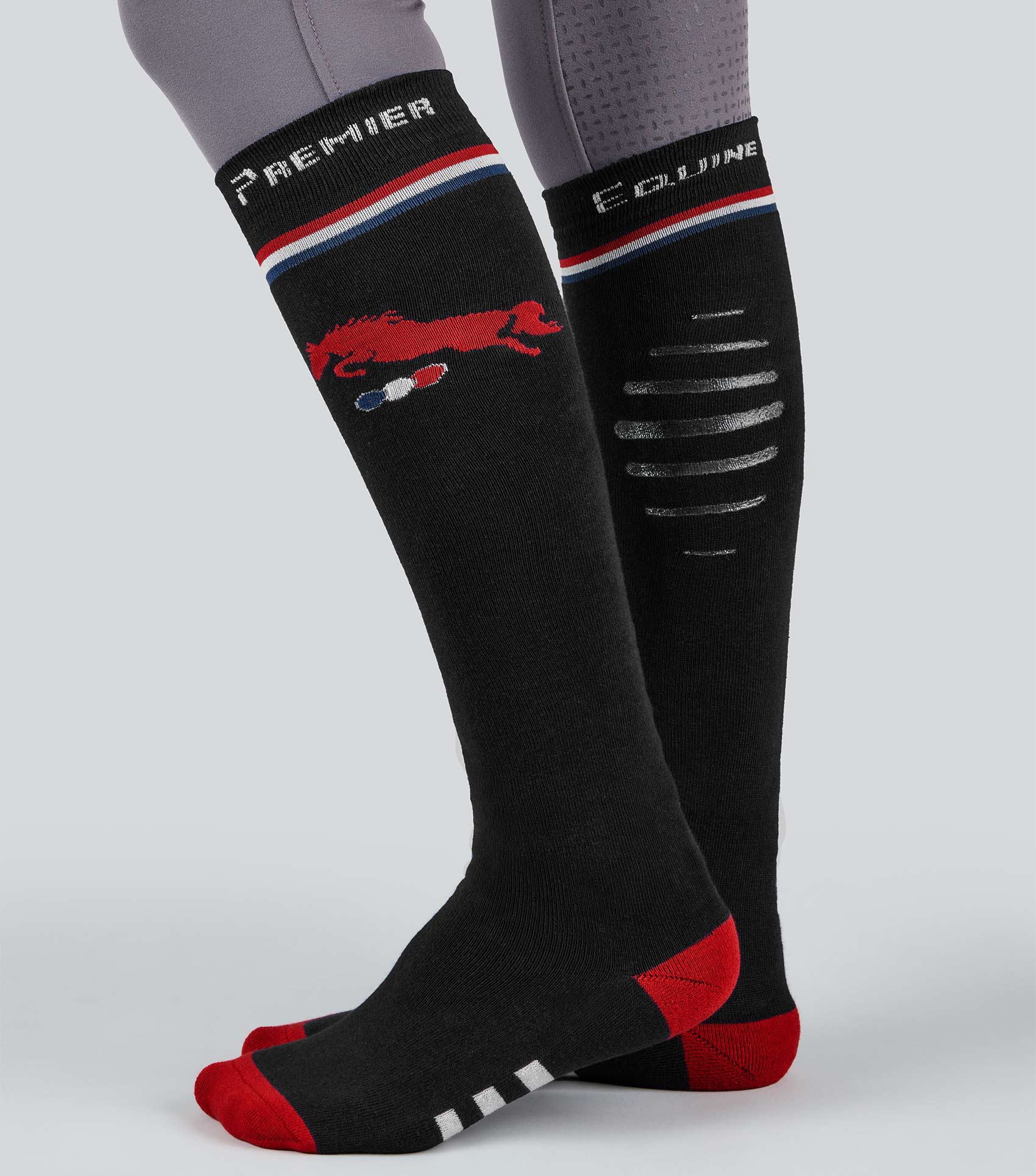 Premier Equine Riding Socks: Black Knee-High Equestrian Socks with Red Horse Logo - Equiflair