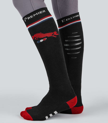 Premier Equine Riding Socks: Black Knee-High Equestrian Socks with Red Horse Logo - Equiflair