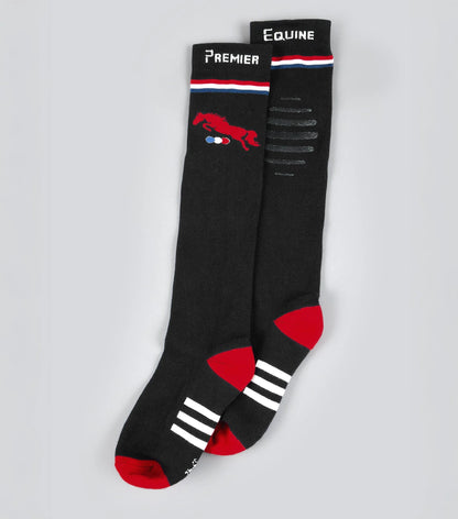 Premier Equine Replay Riding Socks - Black knee high socks with horse logo, breathable, moisture wicking equestrian socks