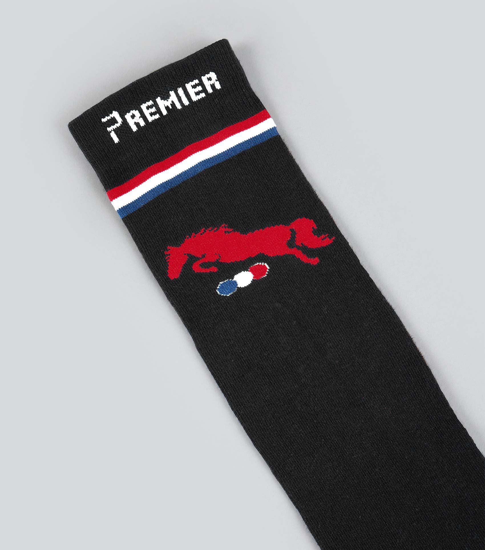 Premier Equine Replay Riding Socks: Black knee-high socks with horse detail, offering performance and comfort for riders.