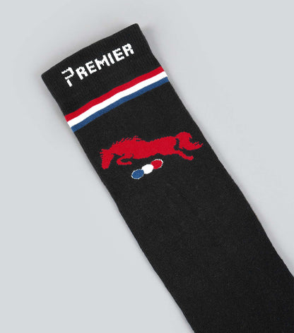 Premier Equine Replay Riding Socks: Black knee-high socks with horse detail, offering performance and comfort for riders.