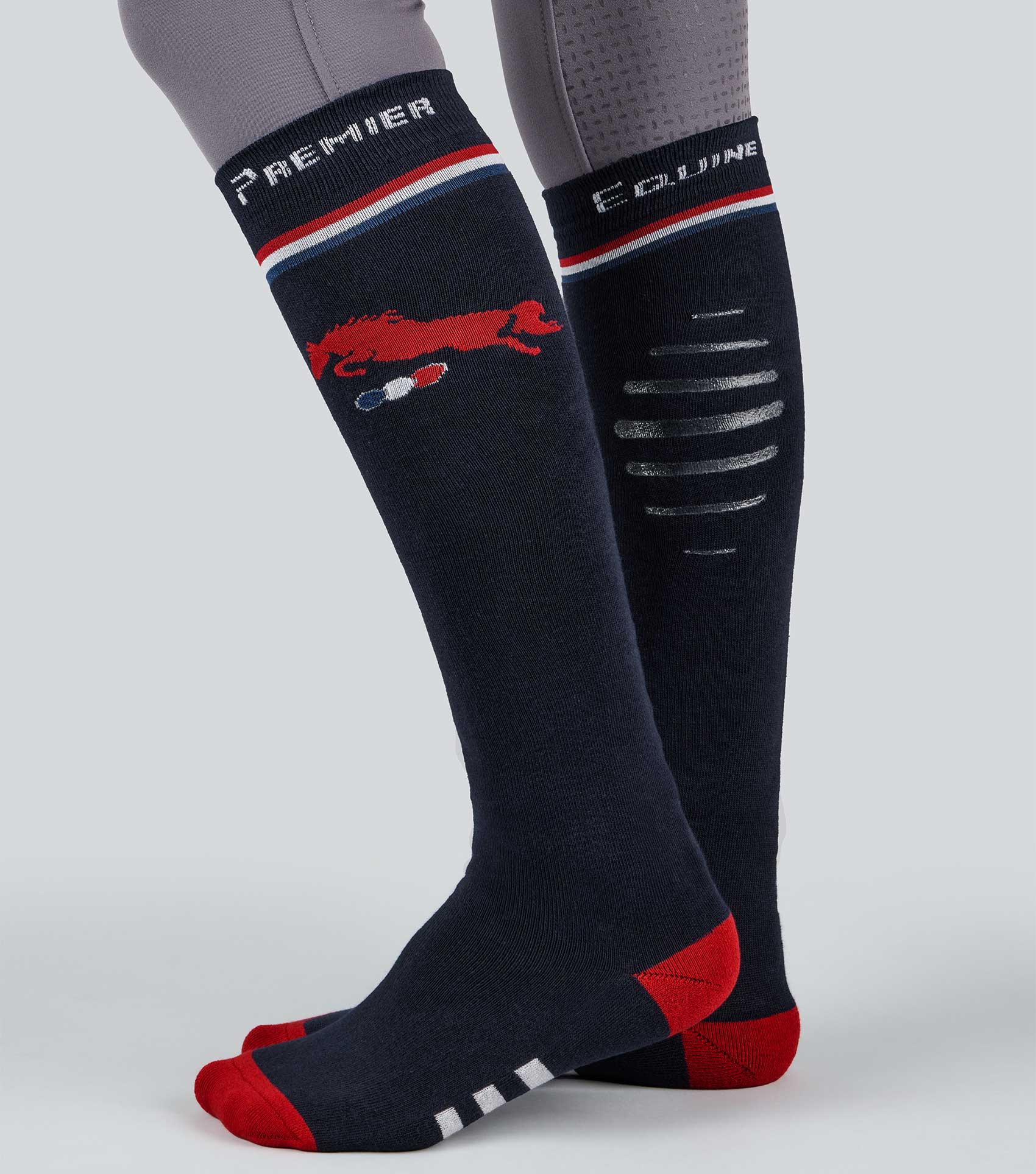 Premier Equine Navy Riding Socks: Knee-High Equestrian Socks with Red Horse Design, Breathable and Cushioned for Comfort