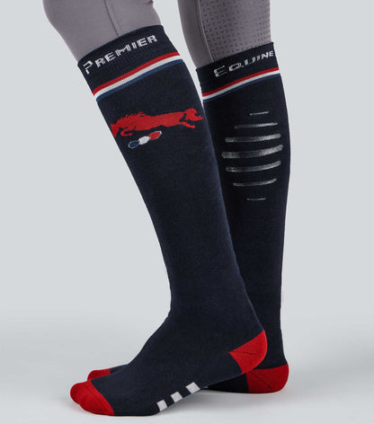 Premier Equine Navy Riding Socks: Knee-High Equestrian Socks with Red Horse Design, Breathable and Cushioned for Comfort
