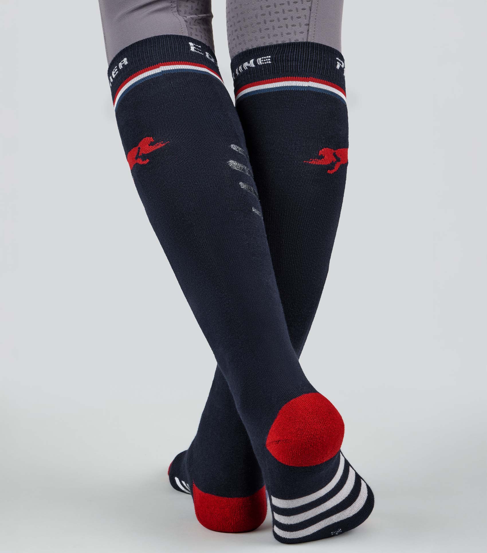 Premier Equine Replay Riding Socks Navy: Knee-High Equestrian Socks with Red and White Details