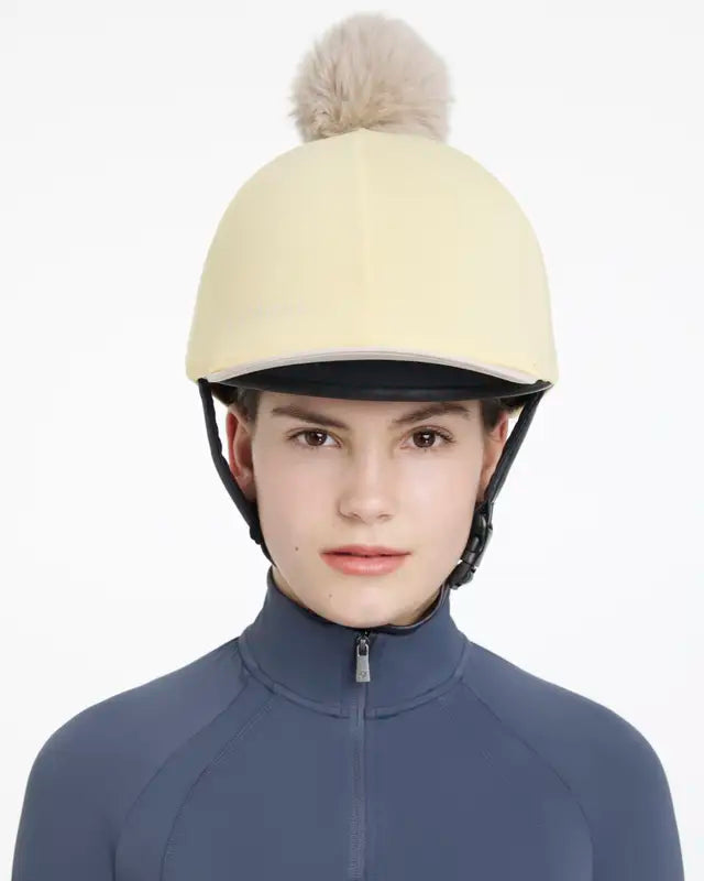 Lemieux Pom Hat Silk in Mimosa/Stone: Equestrian Helmet Cover with Detachable Pom Pom - Riding Apparel