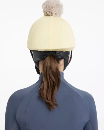 LEMIEUX POM HAT SILK MIMOSA/STONE: Equestrian Riding Helmet Cover with Detachable Pom Pom