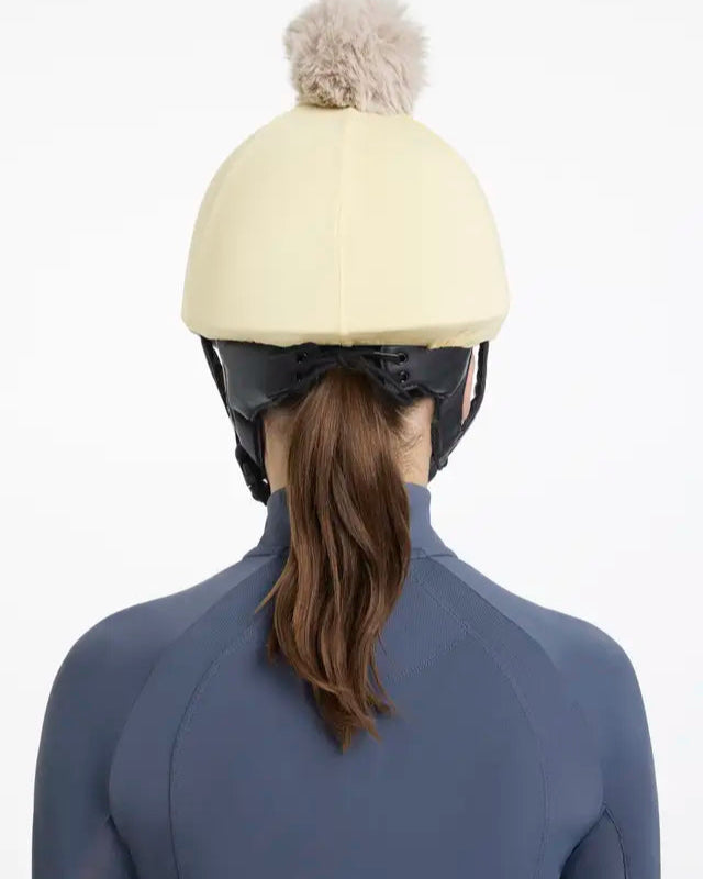 LEMIEUX POM HAT SILK MIMOSA/STONE: Equestrian Riding Helmet Cover with Detachable Pom Pom