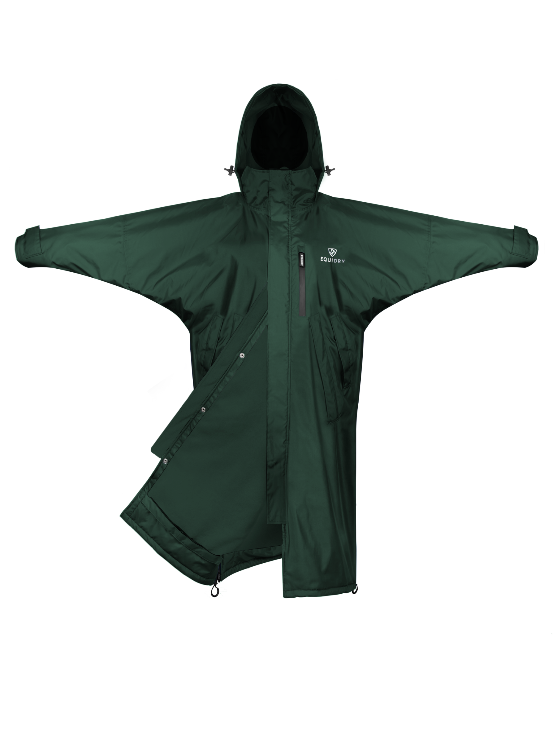 EQUIDRY women's thin fleece stowaway hood long waterproof horse riding coat in black forest green/green